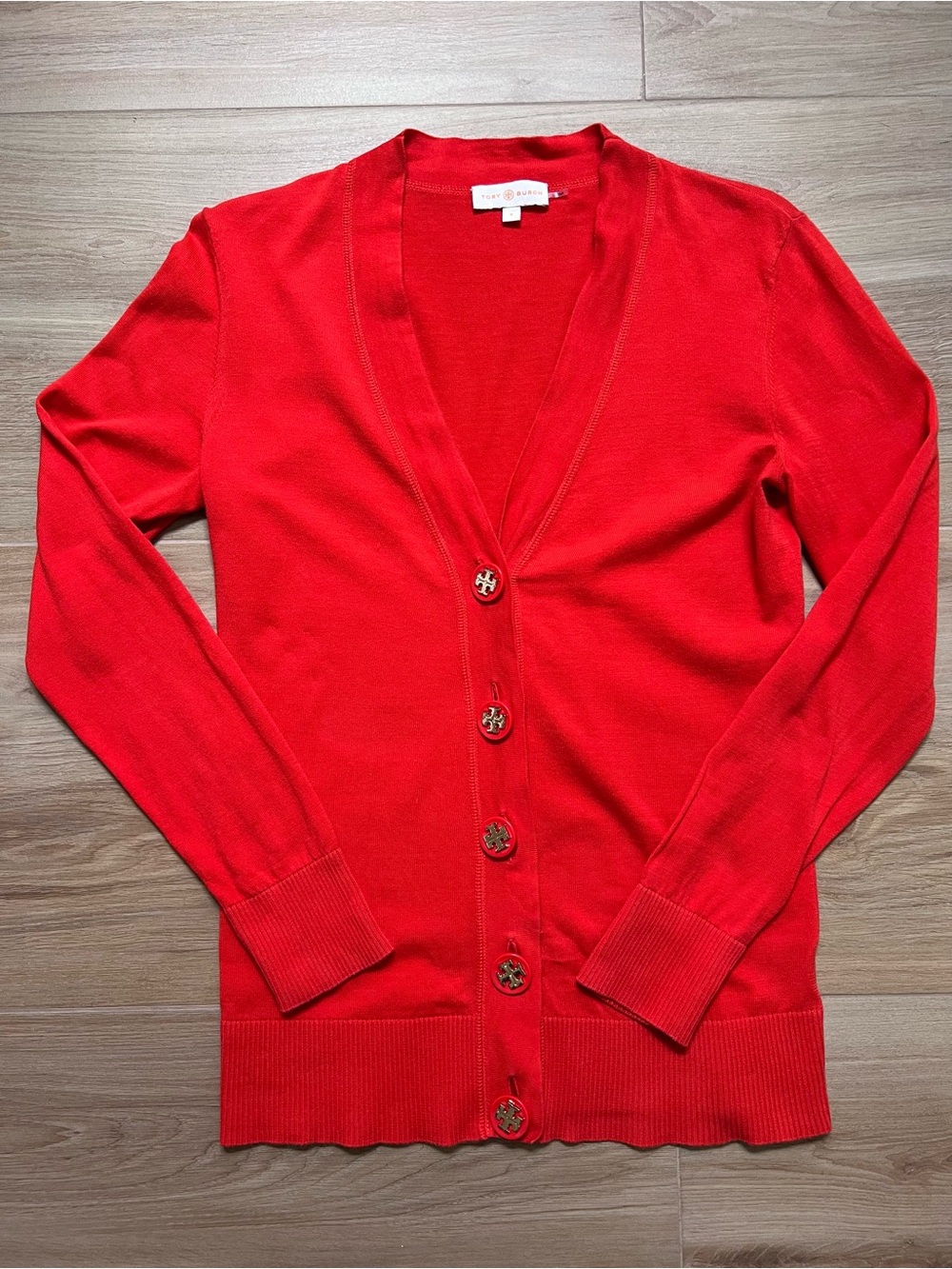 Tory Burch Coral Red Cardigan Small Gold Logo Buttons Cotton Sweater